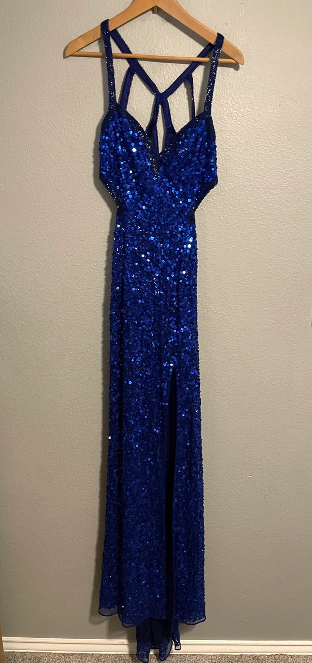 Primavera Womens Gown Size 8 Blue Sequin Strappy Formal Prom Evening Y2K FLAW